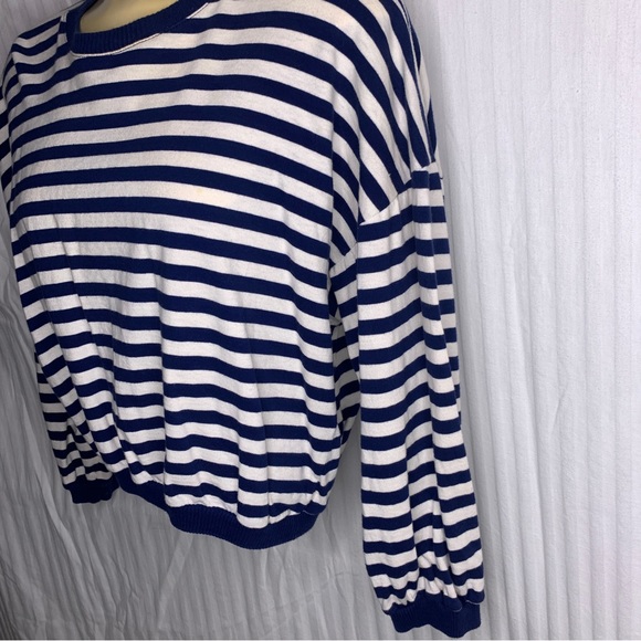 Guess Jeans VTG Cropped Top Tee T Shirt Long Sleeve Mariner Striped Blue Sz L - Picture 2 of 8